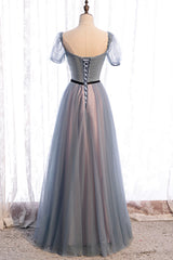 Gray Blue Tulle Long A-Line Prom Dress, Cute Short Sleeve Evening Dress