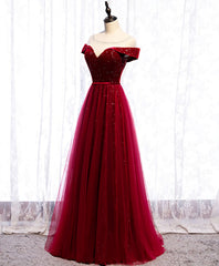 Burgundy Round Neck Tulle Sequin Long Prom Dress, Tulle Formal Dress