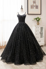 Black Tulle Long A-Line Long Prom Dresses, Black Evening Party Dresses