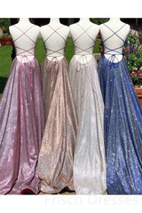 A-Line Sparkle Split Backless Evening Dresses  Long Prom Dresses With Pocket