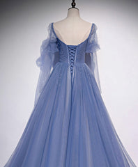 Blue Tulle Sweetheart Long Prom Dress, Blue Tulle Formal Dress