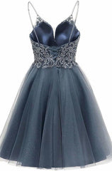 A-line Straps Appliques Tulle Short Homecoming Dress