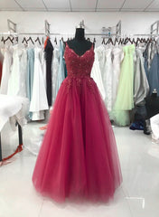 Wine Red Tulle Straps Lace Applique Long Formal Dress, Wine Red Prom Dress