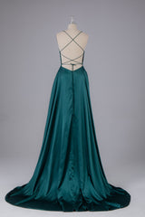 Elegant Open Back Spaghetti Straps Sweep Train Long Prom Dress