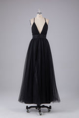 Elegant Tulle Spaghetti Straps Backless Floor Length Prom Dress