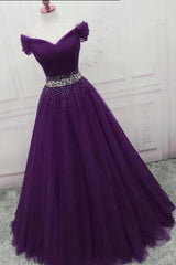 Off the Shoulder Dark Purple Long with Beadings Off Shoulder Purple Prom Dresses