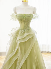 Off the Shoulder Green Tulle Long Beaded Prom Dresses, Off Shoulder Green Tulle Long Formal Evening Dresses