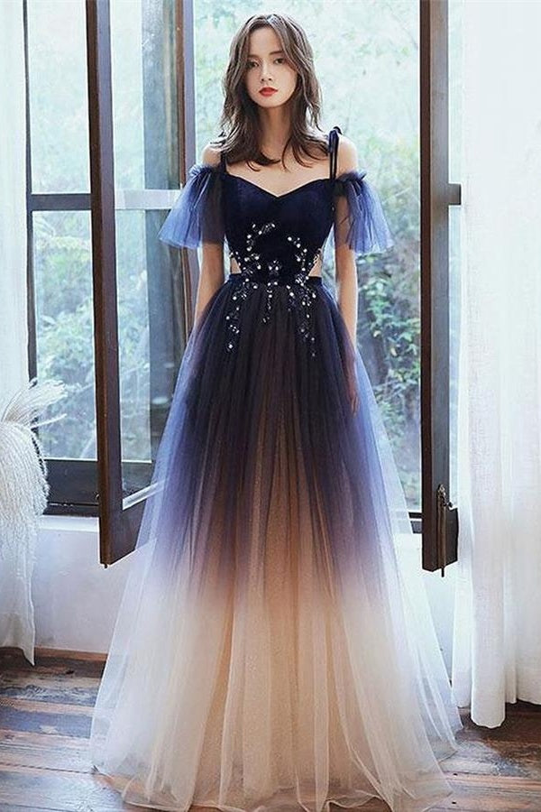 Blue Spaghetti Straps Long Princess Pretty Prom Dresses For Girls