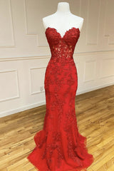 Strapless Sweetheart Neck Mermaid Red Lace Long Prom Dress, Mermaid Red Lace Formal Dress, Red Lace Evening Dress