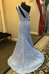 Light Blue One Shoulder Cut-Out Mermaid Long Prom Dress with Fringes