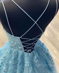 A Line Backless Lace Long Sky Blue Prom Dress, Backless Sky Blue Lace Formal Dress, Sky Blue Evening Dress