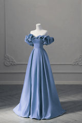 A-line Blue Satin Off Shoulder Long Evening Dress, Long Formal Dress Party Dress