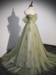 A Line Green Tulle Long Prom Dress, Green Formal Evening Dress with Beading