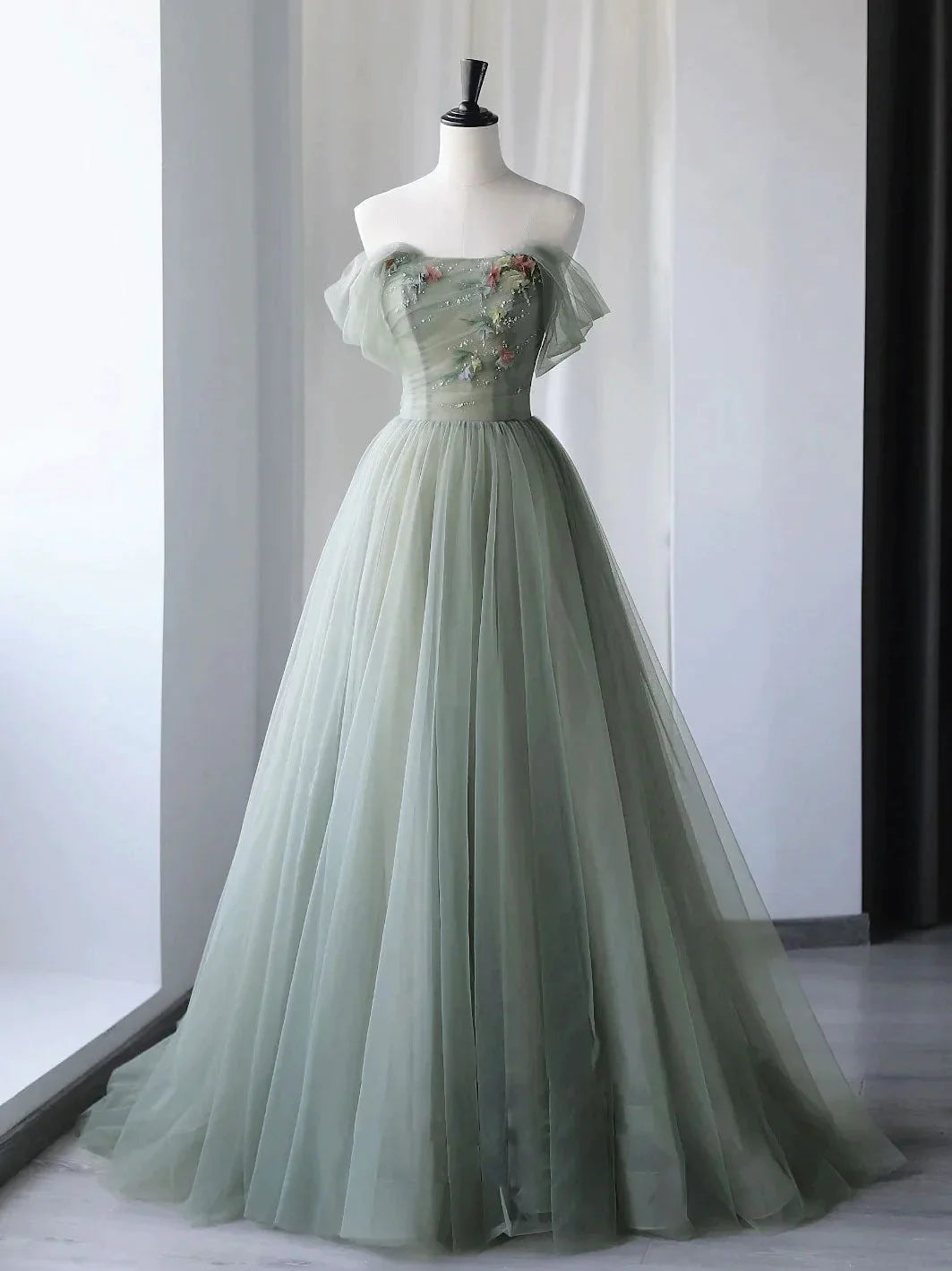 A-Line Green Tulle Long Prom Dress,Unique Formal Evening Dresses