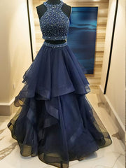 A-line Halter Beading Floor-Length Tulle Dress