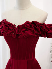 A-Line Off Shoulder Satin Burgundy Long Prom Dress, Satin Burgundy Evening Dress