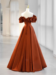 A-Line Off Shoulder Satin Orange Long Prom Dress, Orange Formal Evening Dress