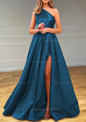 A Line One Shoulder Satin Prom Dress With Pleated Split