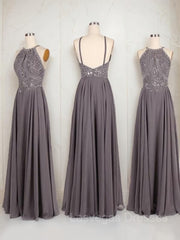 A-Line/Princess Halter Floor-Length Chiffon Prom Dresses With Beading