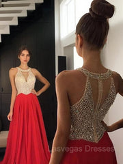 A-Line/Princess Halter Sweep Train Chiffon Evening Dresses With Beading