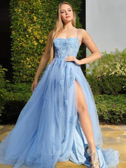 A-Line/Princess Halter Sweep Train Tulle Prom Dresses With Leg Slit