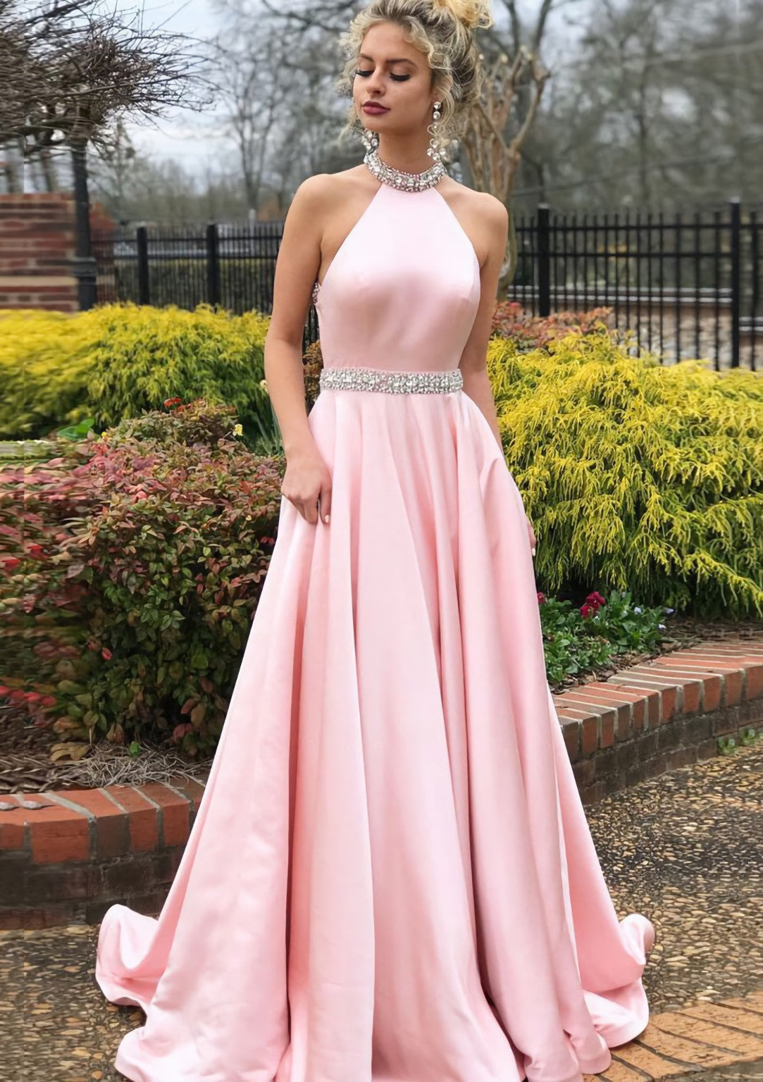 A Line Princess High Neck Sleeveless Sweep Train Satin Prom Dress With Waistband Beading