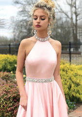 A Line Princess High Neck Sleeveless Sweep Train Satin Prom Dress With Waistband Beading