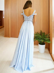 A-Line/Princess Off-the-Shoulder Floor-Length Chiffon Prom Dresses With Leg Slit