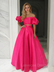 A-Line/Princess Off-the-Shoulder Floor-Length Satin Prom Dresses