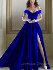 A-Line/Princess Off-the-Shoulder Floor-Length Satin Prom Dresses With Leg Slit