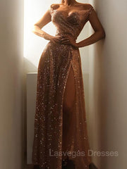 A-Line/Princess Off-the-Shoulder Floor-Length Sequins Prom Dresses With Leg Slit