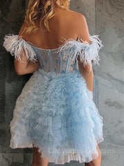 A-line/Princess Off-the-Shoulder Knee-Length Tulle Homecoming Dress with Cascading Ruffles