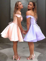 A-Line/Princess Off-the-Shoulder Short/Mini Satin Homecoming Dresses With Ruffles