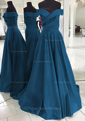 A Line Princess Off The Shoulder Sleeveless Sweep Train Satin Prom Dress