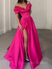 A-Line/Princess Off-the-Shoulder Sweep Train Satin Evening Dresses With Leg Slit