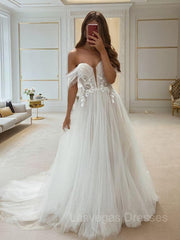 A-Line/Princess Off-the-Shoulder Sweep Train Tulle Wedding Dresses