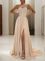 A-Line/Princess One-Shoulder Sweep Train Chiffon Prom Dresses With Leg Slit