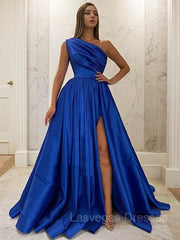 A-Line/Princess One-Shoulder Sweep Train Satin Prom Dresses With Leg Slit