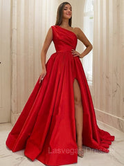 A-Line/Princess One-Shoulder Sweep Train Satin Prom Dresses With Leg Slit