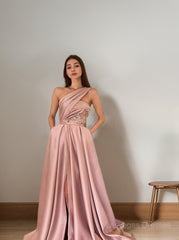 A-Line/Princess One-Shoulder Sweep Train Satin Prom Dresses With Pockets