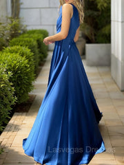 A-Line/Princess One-Shoulder Sweep Train Silk like Satin Prom Dresses With Leg Slit