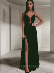 A-Line/Princess Scoop Floor-Length Chiffon Prom Dresses With Leg Slit