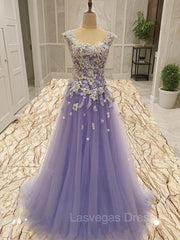 A-Line/Princess Scoop Floor-Length Tulle Evening Dresses With Appliques Lace