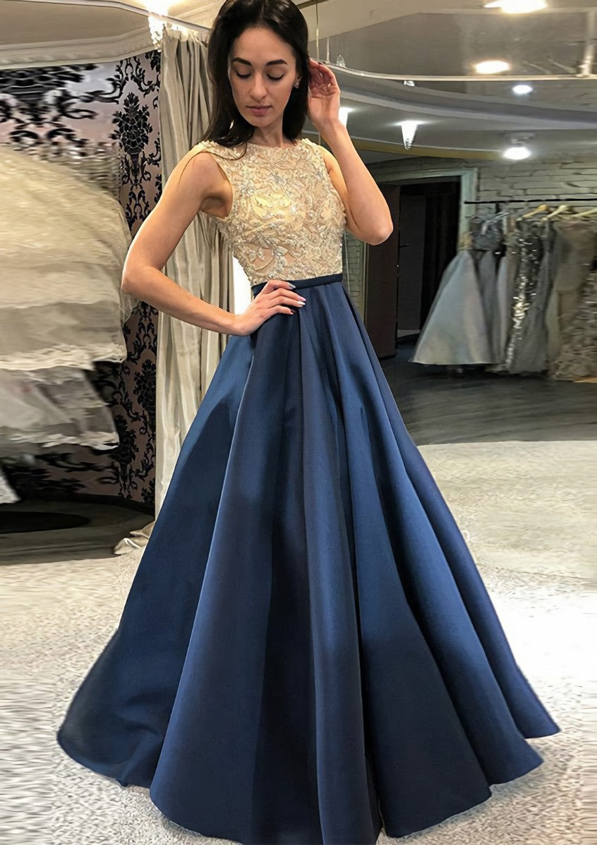 A Line Princess Scoop Neck Sleeveless Long Floor Length Satin Prom Dress With Beading