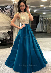 A Line Princess Scoop Neck Sleeveless Long Floor Length Satin Prom Dress With Beading