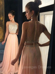 A-Line/Princess Scoop Sweep Train Chiffon Evening Dresses With Beading