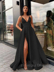 A-Line/Princess Spaghetti Straps Floor-Length Satin Prom Dresses With Leg Slit