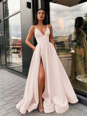 A-Line/Princess Spaghetti Straps Floor-Length Satin Prom Dresses With Leg Slit