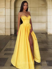 A-Line/Princess Spaghetti Straps Floor-Length Satin Prom Dresses With Leg Slit