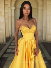 A-Line/Princess Spaghetti Straps Floor-Length Satin Prom Dresses With Leg Slit